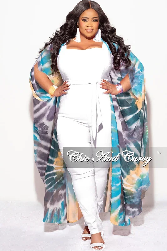 Final Sale Plus Size Chiffon Duster With Wrist Cuff in Teal / Mustard Tie Dye Print