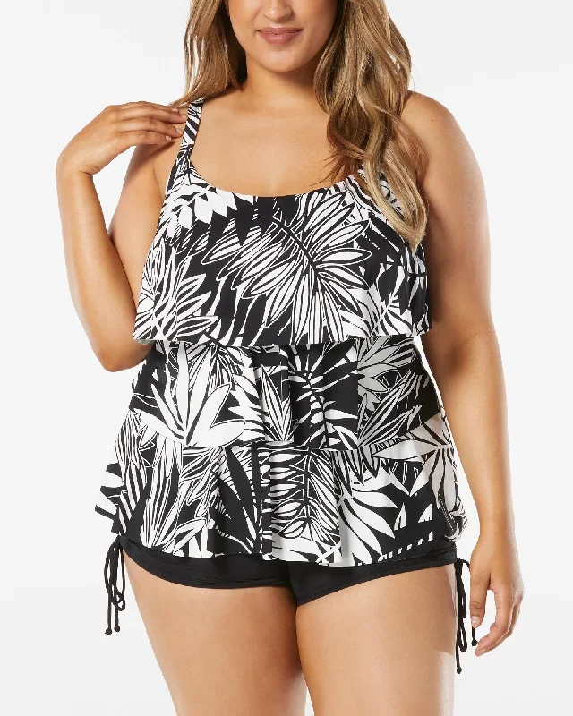 2023 Beach House Women's Plus Abstract Palm Plus Size Jane Ruffled Tankini Top (More colors available) - HW14096