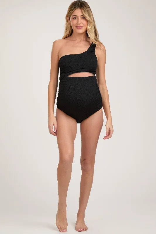 black-asymmetrical-one-shoulder-side-cutout-one-piece-maternity-swimsuit