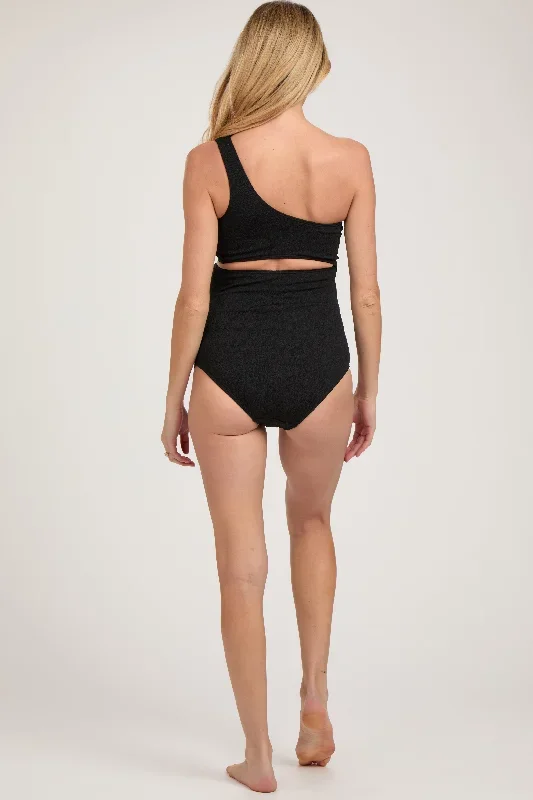 black-asymmetrical-one-shoulder-side-cutout-one-piece-maternity-swimsuit