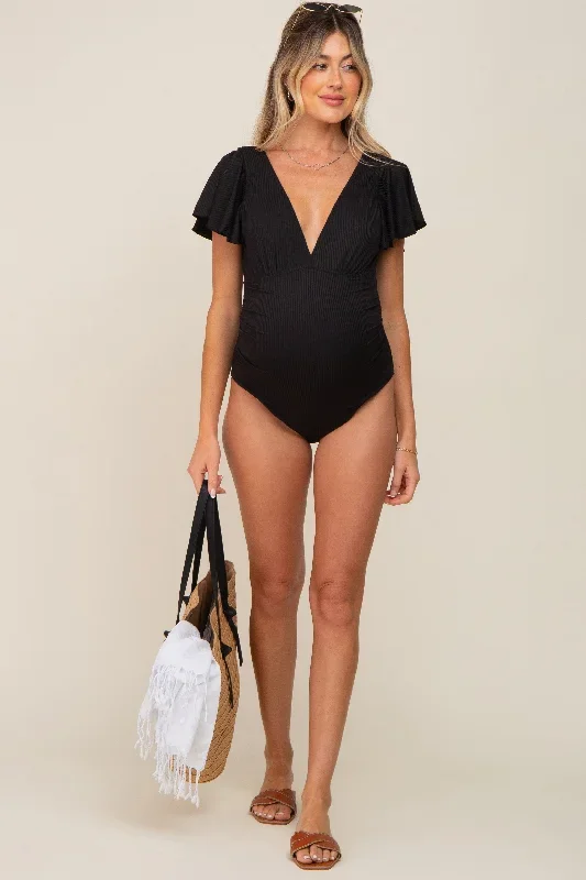 black-deep-v-neck-flounce-maternity-one-piece-swimsuit