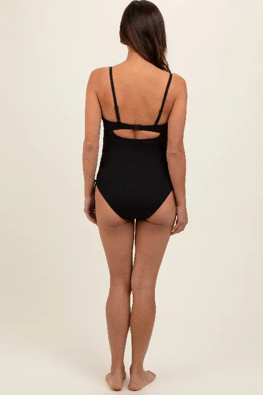 black-ribbed-wrap-front-drawstring-side-maternity-one-piece-swimsuit