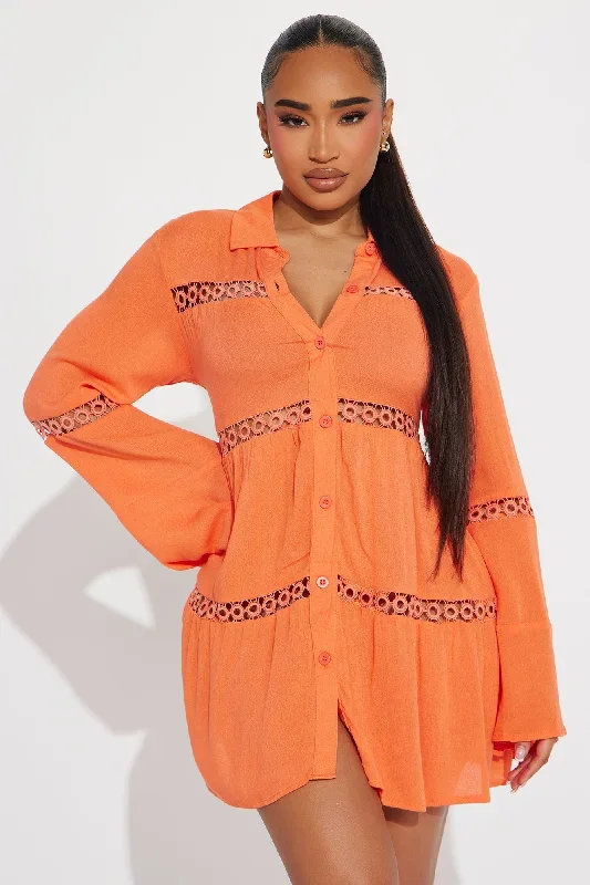 Breezy Paradise Linen Circle Cover Up Shirt Dress - Orange