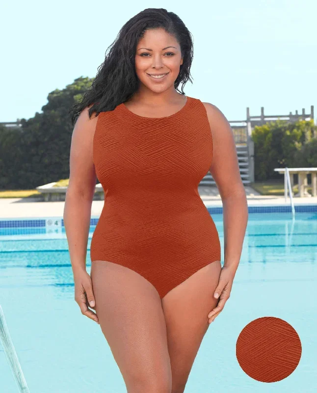 CHLORINE RESISTANT AQUAMORE SOLID SIGNATURE TEXTURED HIGH NECK PLUS SIZE SWIMSUIT