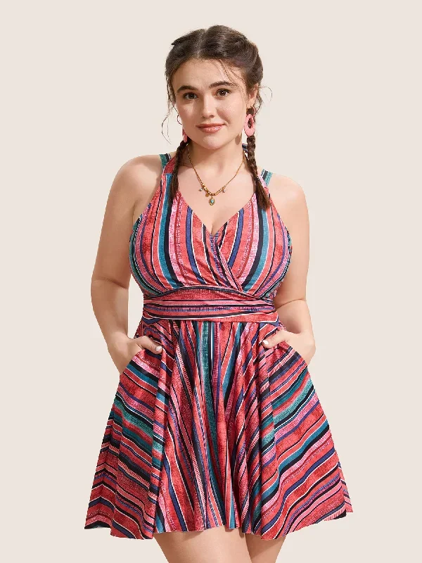 Colored Striped Overlap Collar Pocket Swim Dress