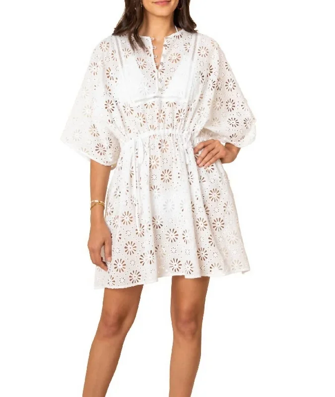 Daisy Eyelet Mini Caftan In White