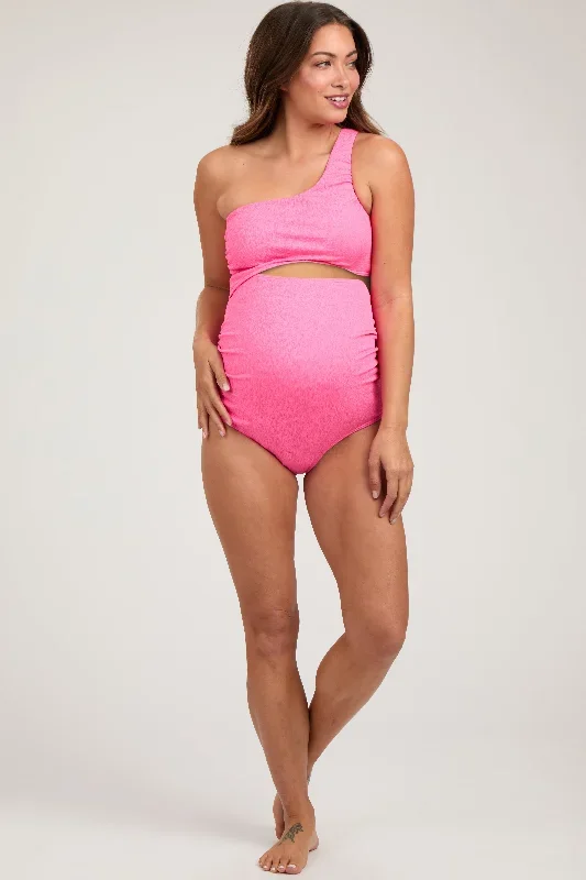 fuchsia-asymmetrical-one-shoulder-side-cutout-one-piece-maternity-swimsuit