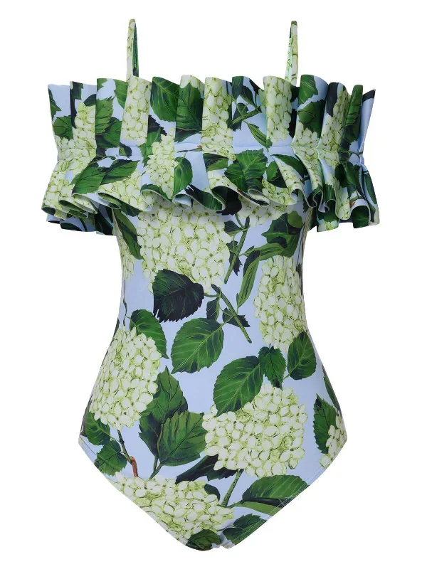 Green 1950s Hydrangea Floral Cold-Shoulder Swimsuit