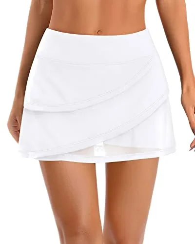 Layered Mesh High Waisted Swim Skirt With Tummy Control Bathing Suit Bottoms-White