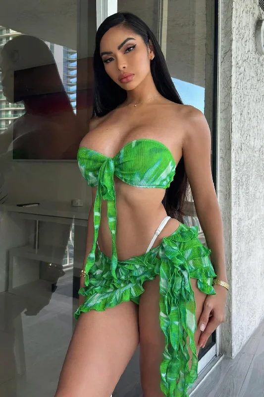 Moments In Paradise Ruffles 3 Piece Bikini Set - Green/combo