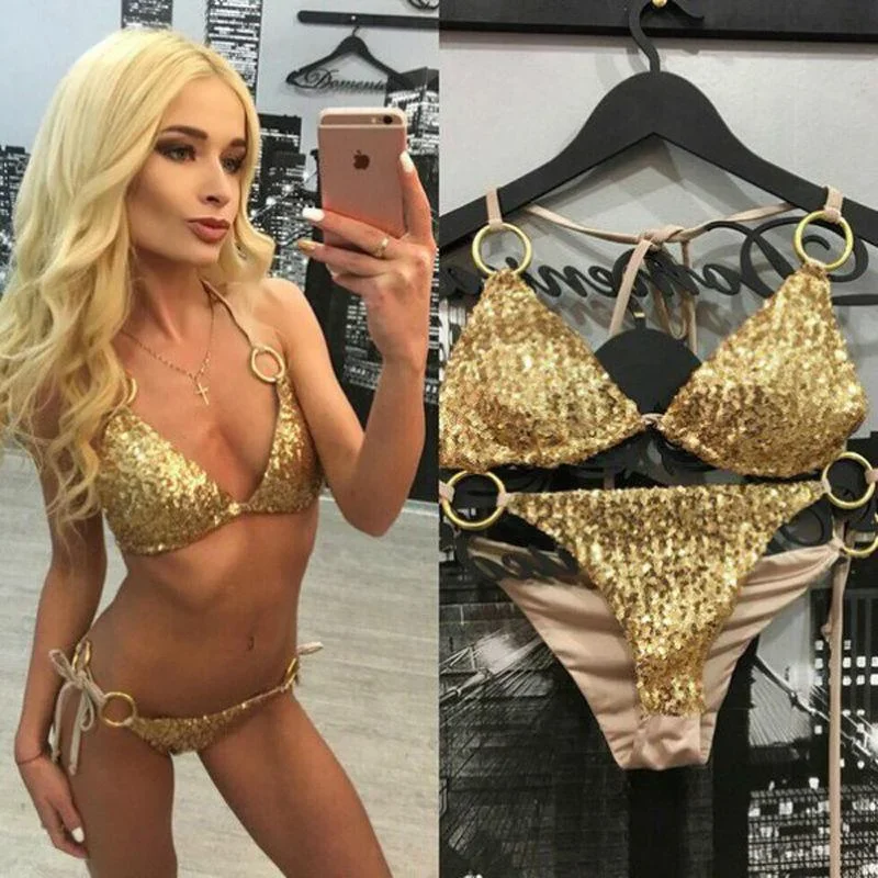 Newest Design Gold Sequins Push-up Padded Bra Bandage Bikini Set Swimsuit Swimwear Bathing wholesale bikini swimsuit