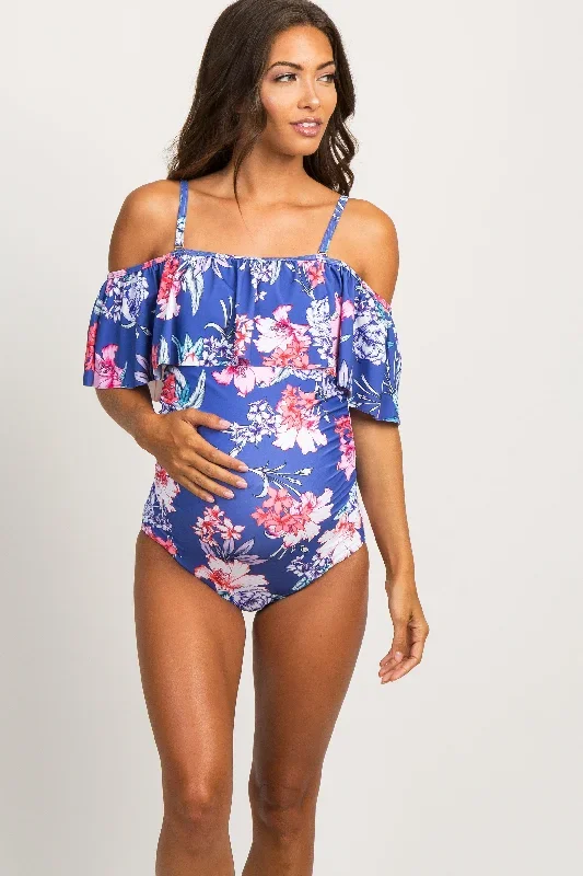 periwinkle-floral-ruffle-trim-ruched-one-piece-maternity-swimsuit