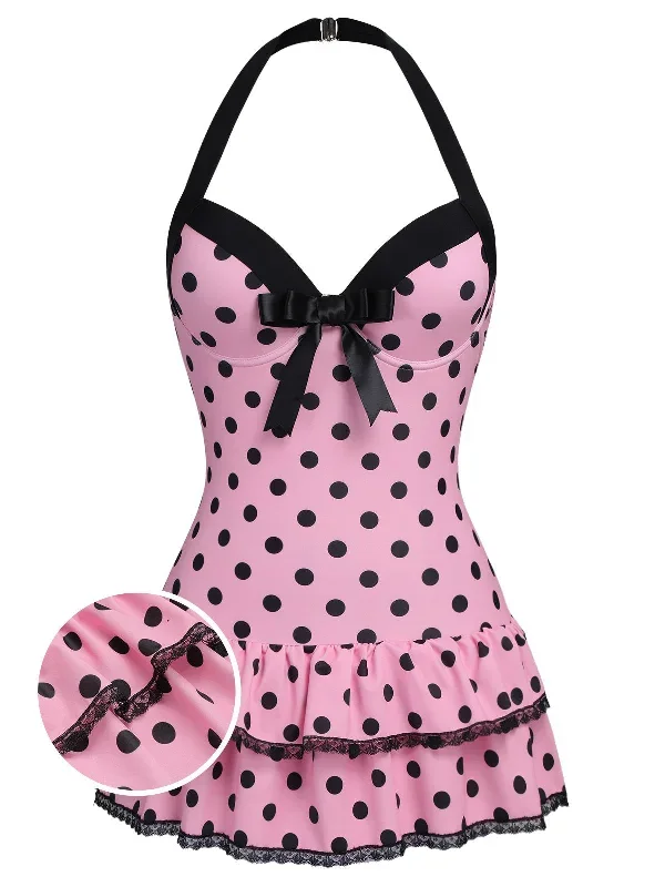 [Plus Size] Pink 1940s Polka Dots Hater Swimsuit