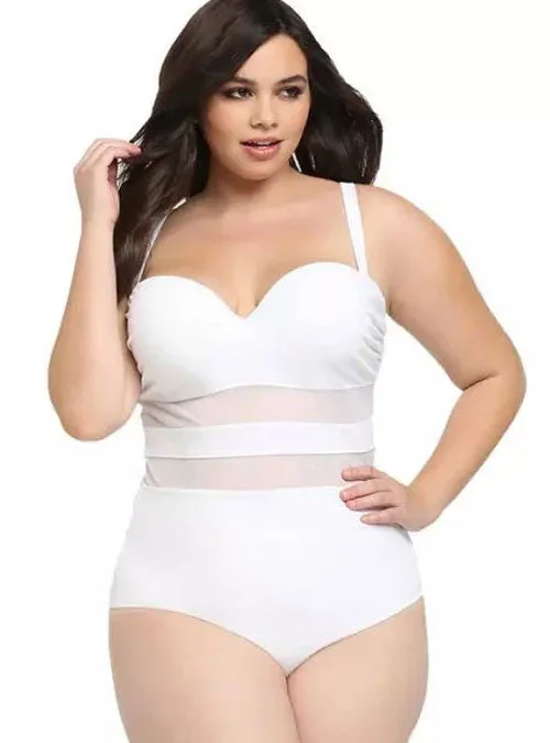 White Mesh Panel Crisscross Back One Piece Plus Size Swimsuit