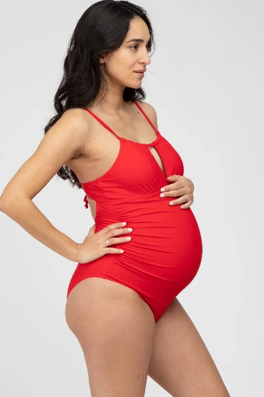 red-back-tie-cutout-one-piece-ruched-maternity-swimsuit