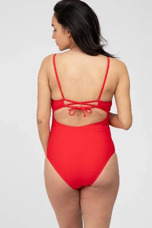 red-back-tie-cutout-one-piece-ruched-maternity-swimsuit