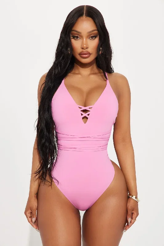 Relaxing Beachside Lace Up 1 Piece Swimsuit - Pink