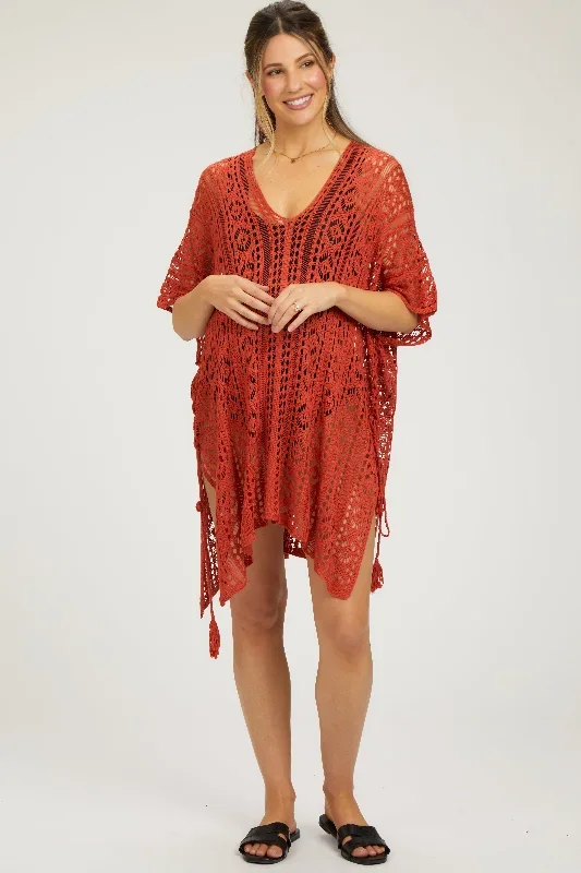 Rust Crochet Knit Maternity Swim Cover Up