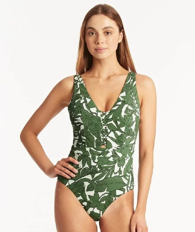 Sea Level Retreat Plunge with Macrame Detail One Piece Swimsuit - Olive