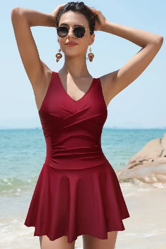 V Neck Crossover Retro Ruched Skirt Swimdress