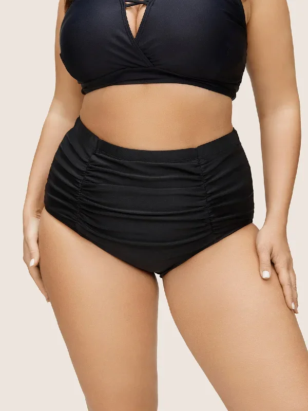 Solid Ruched Elastic Waist High Rise Swim Bottom