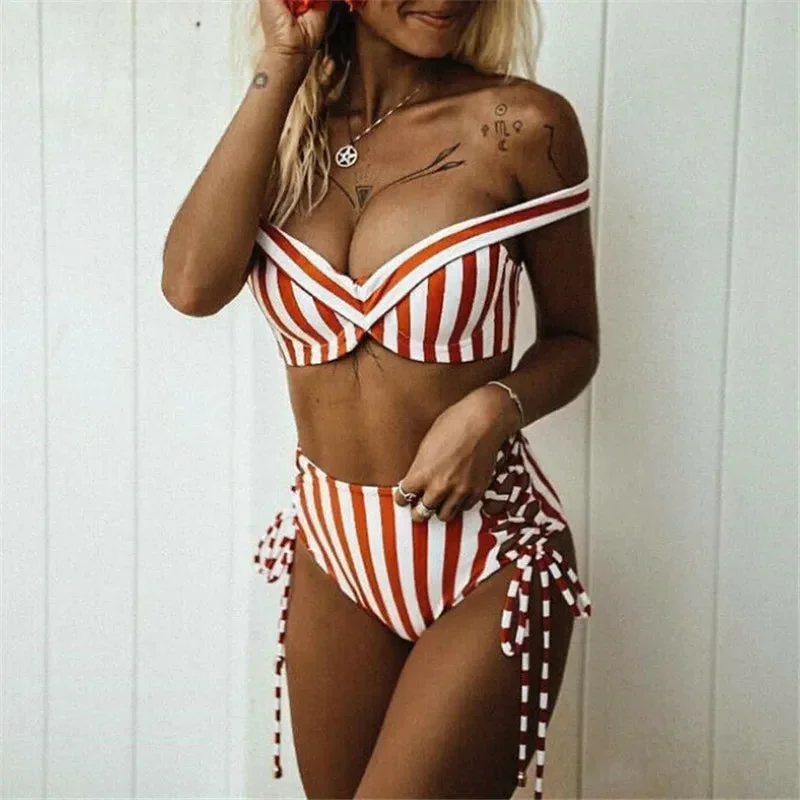 Summertime Sensation Striped High Waisted Cut Out Lace Up Tie Side Bikini