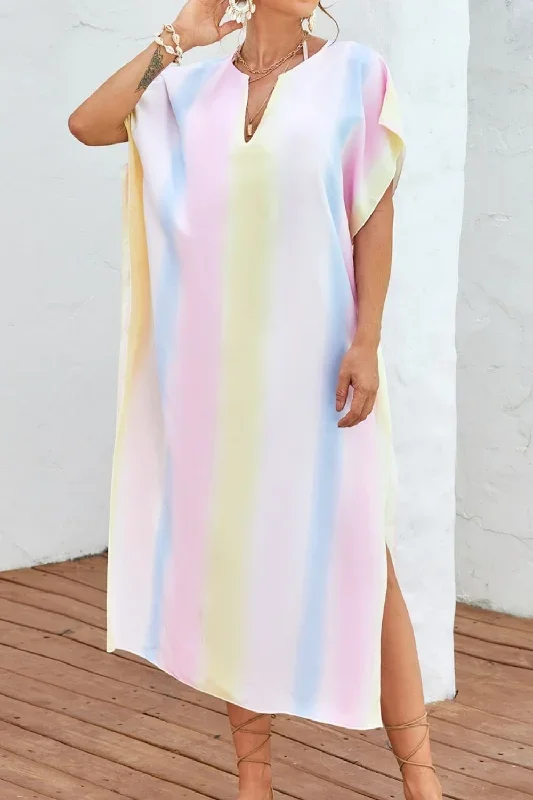 Sunset Vacation  Slit Striped Notched Short Sleeve Cover Up