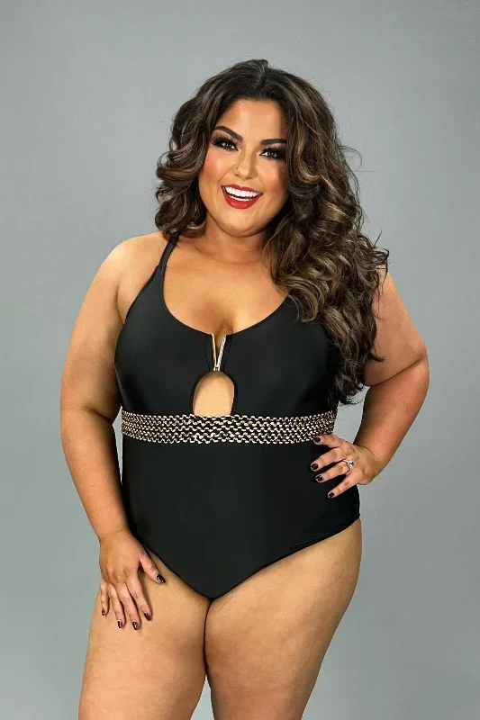 SWIM-K {Exact Moment} Black/Gold One Piece Swimsuit PLUS SIZE 3X