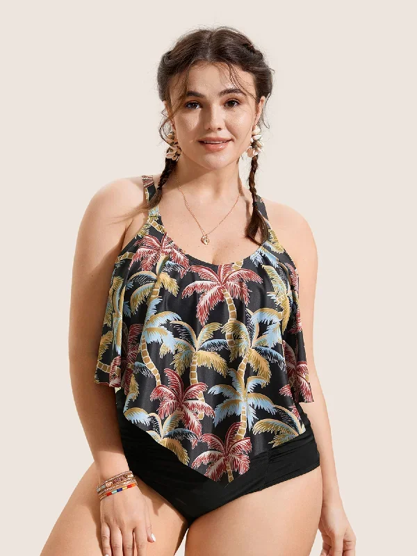 Tropical Coconut Tree Print Ruffle Trim Swim Top