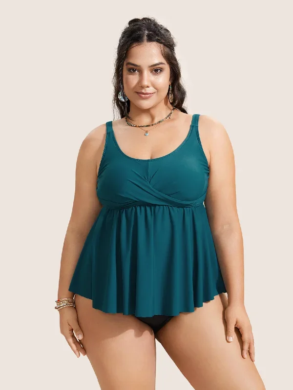 U Neck Plain Crossover Gathered Swim Top