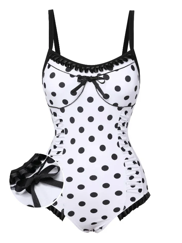 White 1950s Polka Dots Strap Swimsuit