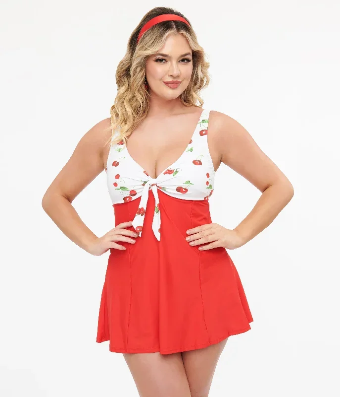 White & Red Cherry Print Skirted Swimsuit