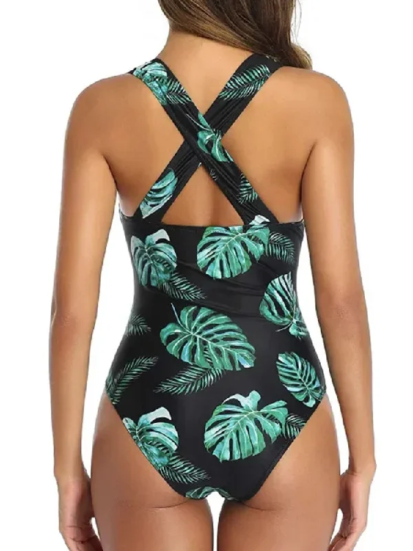 women-flower-pattern-leopard-mesh-hollow-one-piece-swimwear