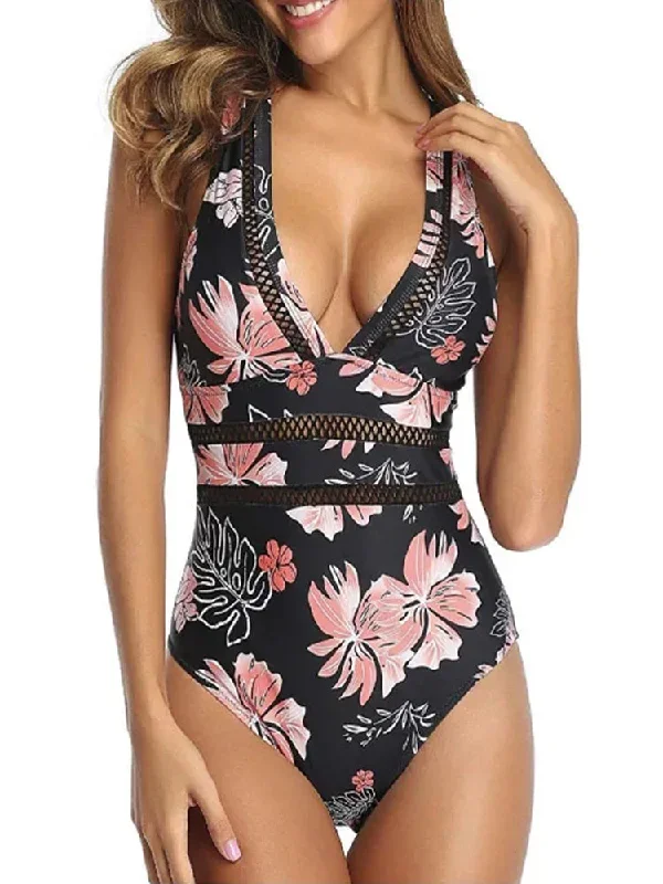 women-flower-pattern-leopard-mesh-hollow-one-piece-swimwear