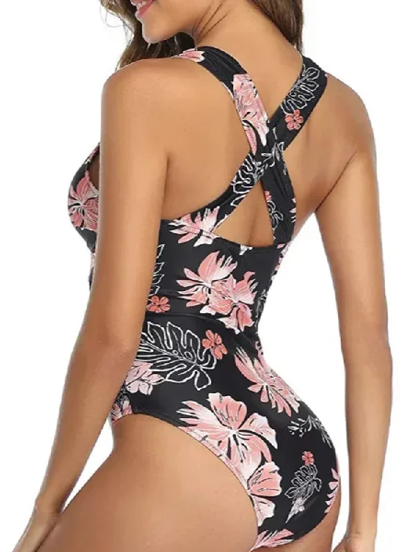 women-flower-pattern-leopard-mesh-hollow-one-piece-swimwear