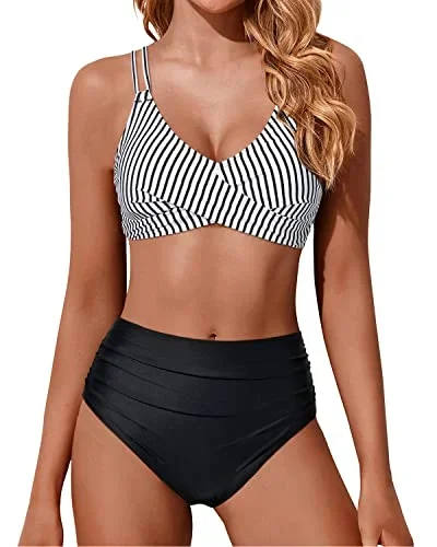 Women High Waisted Bikini Set Two Piece Swimsuits Push Up Wrap Swim Suits-Black And White Stripe