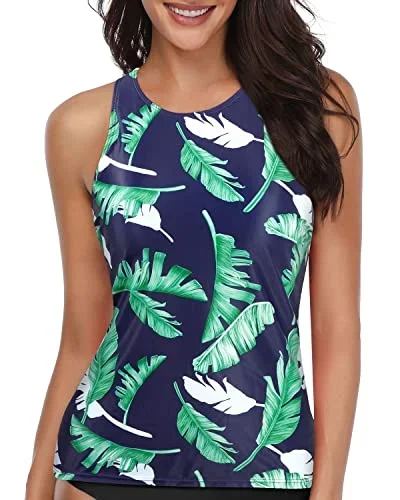 High Neck Tankini Top Bathing Suit Tops For Big Busted Women-Blue Leaf