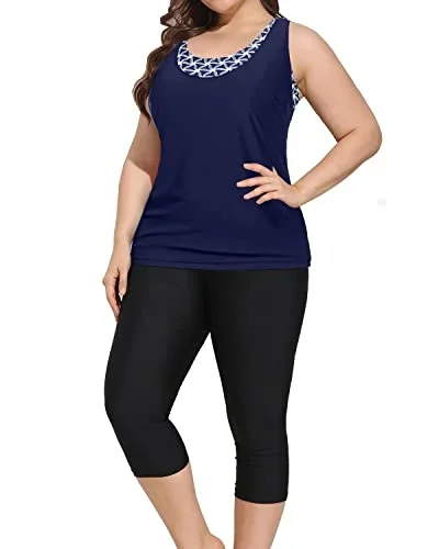 Modest Plus Size Bathing Suits Tankini Tops & Swim Capris-Navy Blue