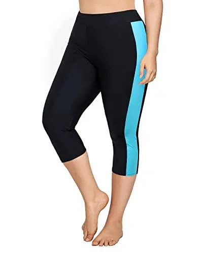 Plus Size Long Swim Shorts Elastic Waistband Swimming Leggings-Black