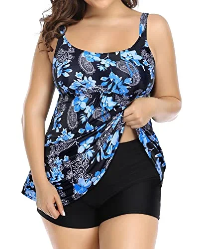 Scoop Neck Plus Size Tankini Swimsuits For Women With Boy Short-Black Floral