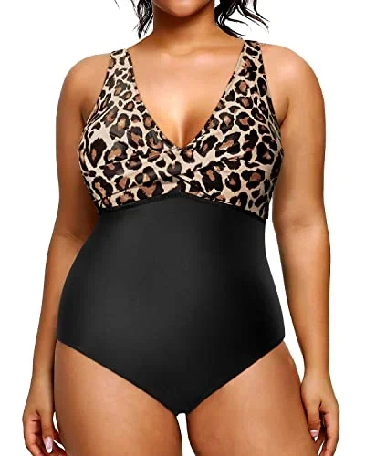 Women's Twist Front Cross One Piece V-Neck Plus Size Swimsuits-Black And Leopard