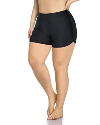 Full Coverage & Tummy Control Swim Shorts For Women Plus Size-Black