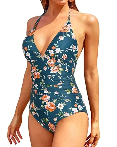 V Neck Halter One Piece Swimsuit For Women Tummy Control Swimwear-Blue Green Flowers