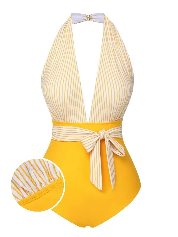 [Pre-Sale] Yellow 1950s Halter Striped Patchwork Swimsuit